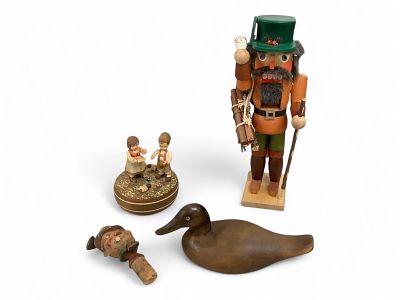 West German Nutcracker, Wooden Duck Decoy, Swiss Music Box & Figural Cork. West German 