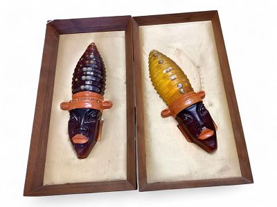 Vintage African Deity Bakelite Art. Vintage African Deity Bakelite Art Two wooden framed 