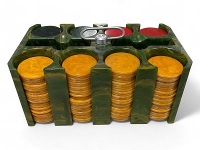 MCM Rare Bakelite Poker Set Missing Approximately (4) chips. Color Green Caddy with Metal Handle. 