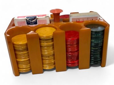 MCM Rare Bakelite Poker Set Missing Approximately 16 Chips with 2 Deck of Cards. MCM Rare 