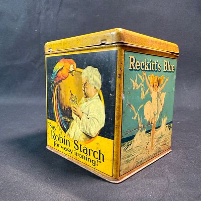 Reckitt & Sons Lithographed Tin Advertising String Tin. Square multi-brand string dispenser tin 