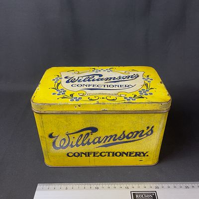 Williamson's Confectionery Peterborough Tin. Vintage rectangular yellow and blue confectionery 