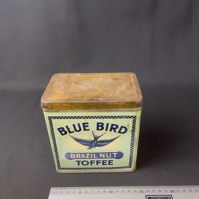 Blue Bird Brazil Nut Toffee Harry Vincent Tin. Square light green and brown tin for Blue Bird 