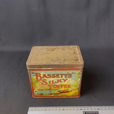Bassetts Silky Toffee and Liquorice All-Sorts Tin. Square vintage metal confectionery tin for 