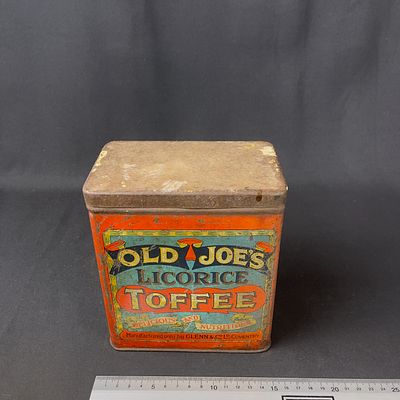 Old Joe's Licorice Toffee Glenn & Co Advertising Tin. Rectangular "Old Joe's Licorice Toffee" 