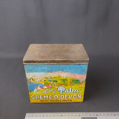 Walters Palm Creme O Devon Advertising Toffee Tin. Rectangular metal advertising tin for Walters 