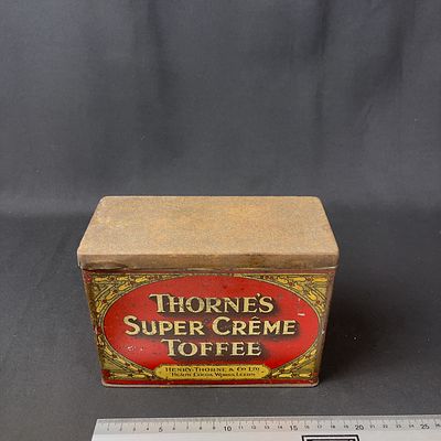 Thorne's Super Cr&egrave;me Toffee Advertising Tin Box. Rectangular red and gold lithographed tin for 
