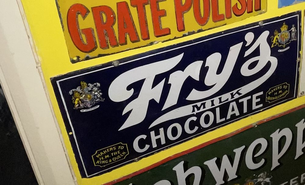Lot 16: Three Vintage Advertising Signs including a Fry's Milk Chocolate Enamel Sign