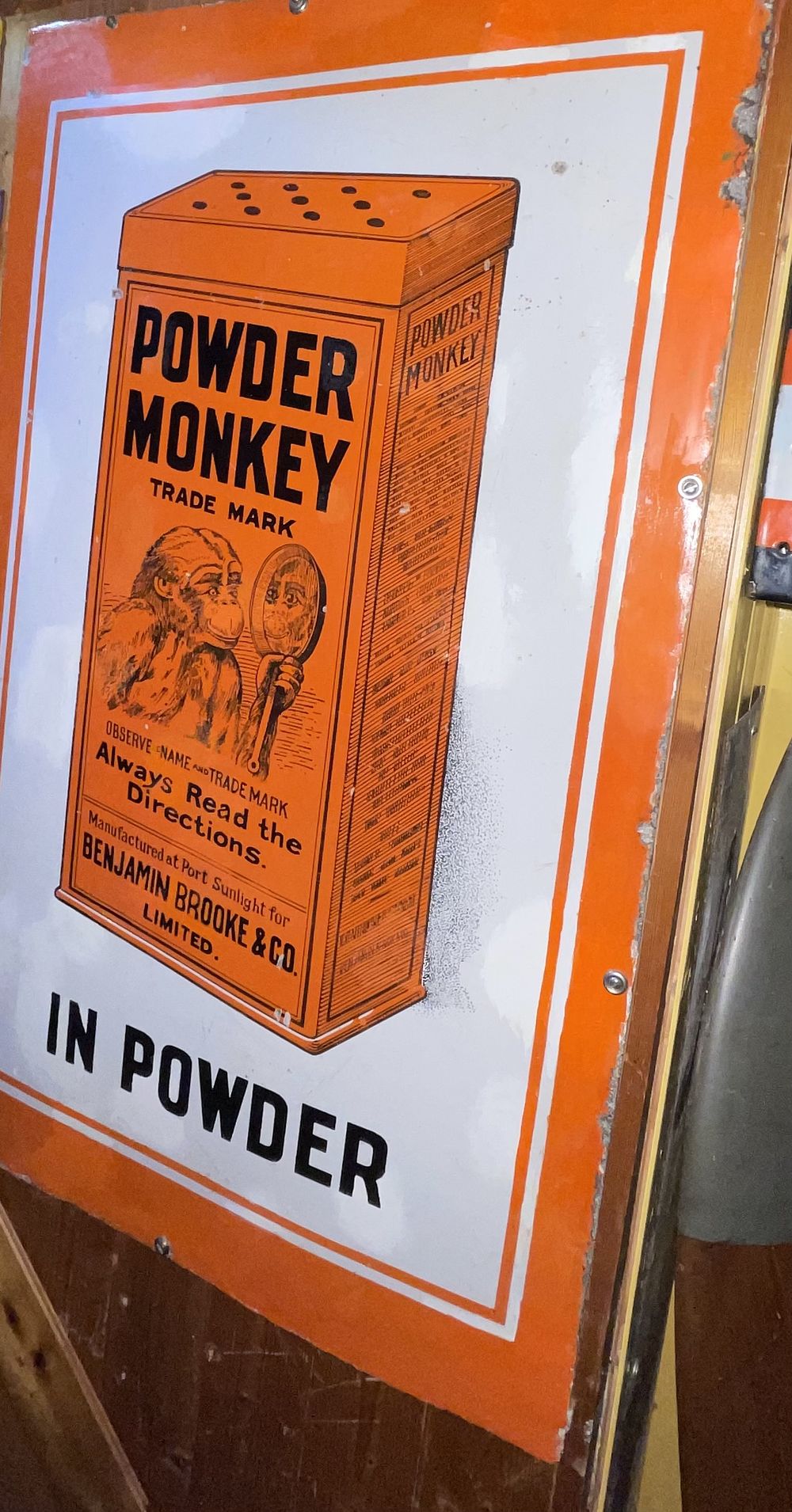 Lot 31: POWDER MONKEY Porcelain Enamel Advertising Sign Benjamin Brooke & Co.