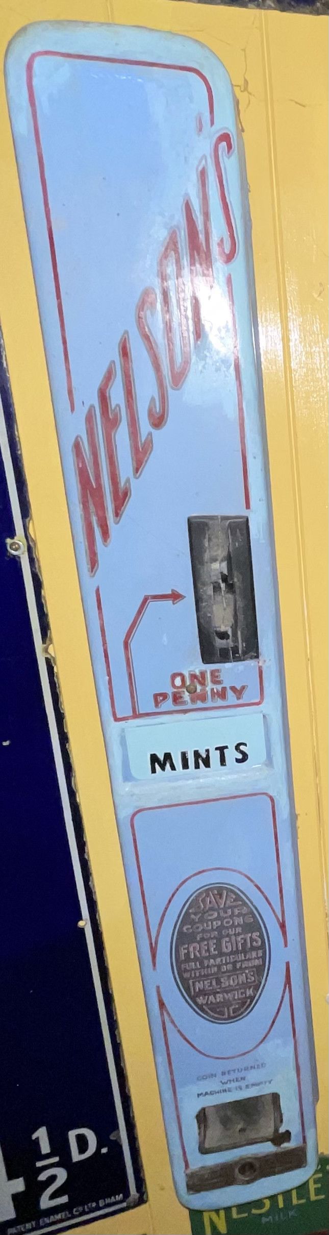 Lot 40: 1930s Nelsons One Penny Mints Vending Machine Enamel Faceplate