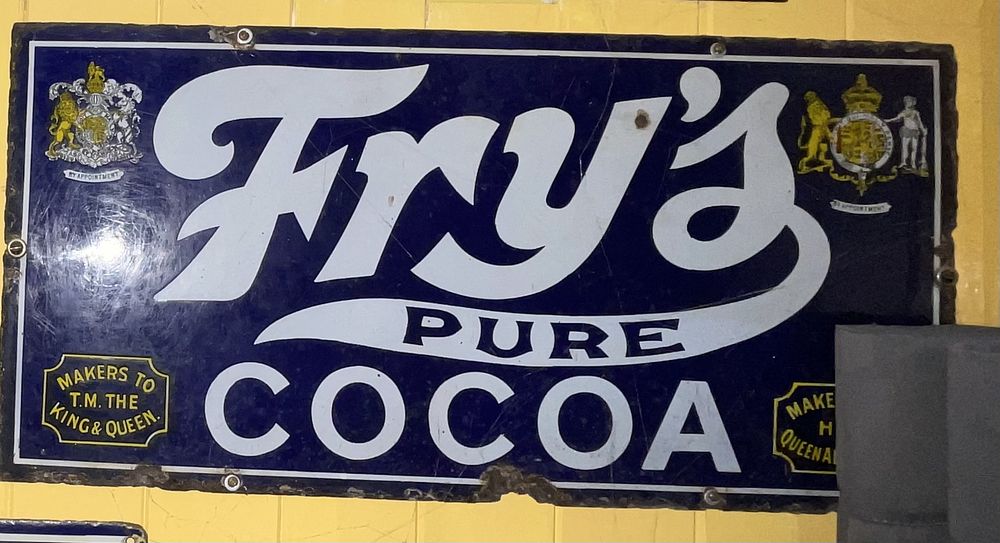 Lot 45: Antique Fry's Pure Cocoa Vitreous Enamel Advertising Sign with Royal Warrants