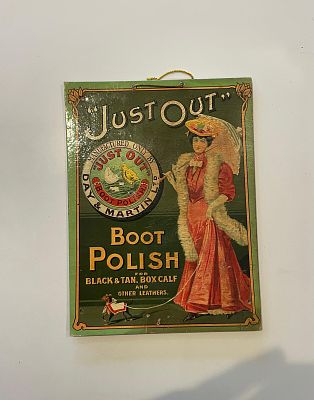 Just Out Day & Martin Ltd Advertising Showcard. Rich forest green with Art Nouveau border. 