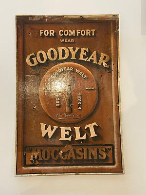 Goodyear Welt Moccasins Advertising Showcard. Dark brown with embossed cream and gold 