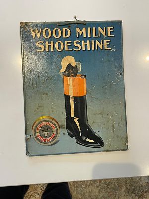 Wood-Milne Shoeshine Cardboard Advertising Showcard. Light blue background with graphic of a 