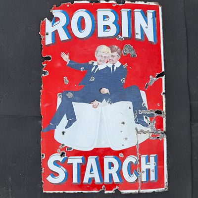 Robin Starch Two Boys Enamel Advertising Sign. Red ground with central graphic of two boys on a 