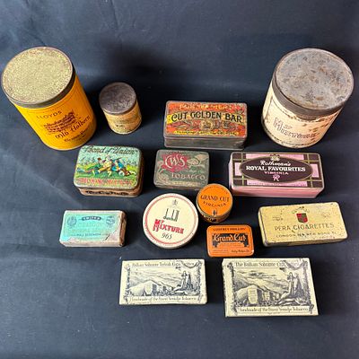 Tobacco and Cigarette Tins and Packaging Collection. Collection of vintage tobacco and cigarette 