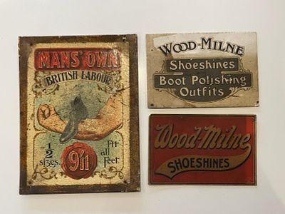 Mans Own and Wood-Milne Advertising Signs. Set of three: Mans Own with arm graphic, Wood-Milne 