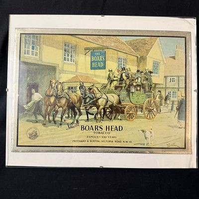 William Barnes Wollen Smoke Boars Head Tobacco Lithographed Tin Sign. Vintage lithographed tin 