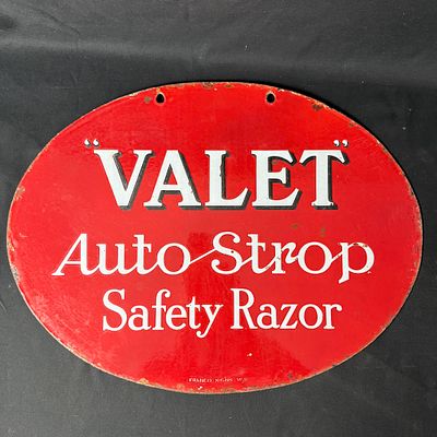 Valet AutoStrop Safety Razor Enamel Sign. Oval vitreous enamel sign for Valet Auto Strop Safety 
