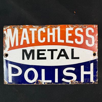 Matchless Metal Polish Enamel Advertising Sign. Vintage enamel sign for Matchless Metal Polish. 