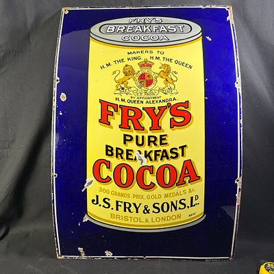 Fry's Breakfast Cocoa Enamel Advertising Sign. Deep blue ground with central yellow cocoa tin 