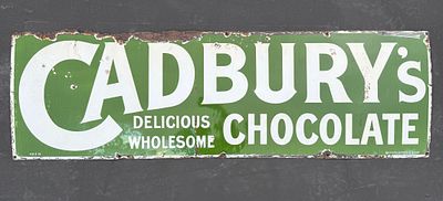 Cadbury's Chocolate Enamel Advertising Sign. Dark green ground with white serif lettering 