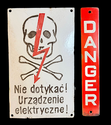 Polish Enamel Electrical Warning Sign. Polish enamel warning sign. White ground with black 