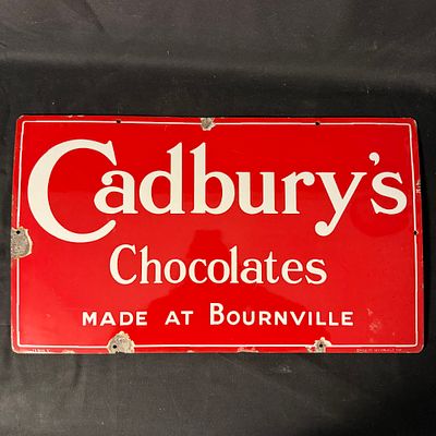 Cadbury's Chocolates Enamel Advertising Sign. Red ground with white lettering and border. Marked 