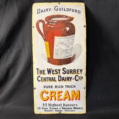 West Surrey Central Dairy Enamel Advertising Sign. Rectangular enamel sign for Pure Rich Thick 