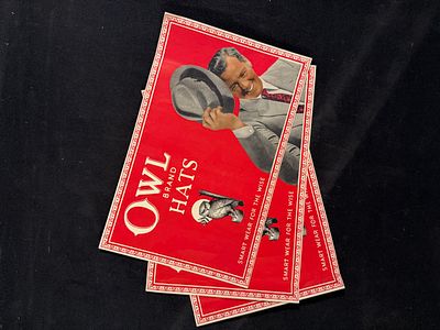 Owl Brand Hats Advertisement. Set of three 1950s Advertisement for Owl Brand Hats. Lithographed 