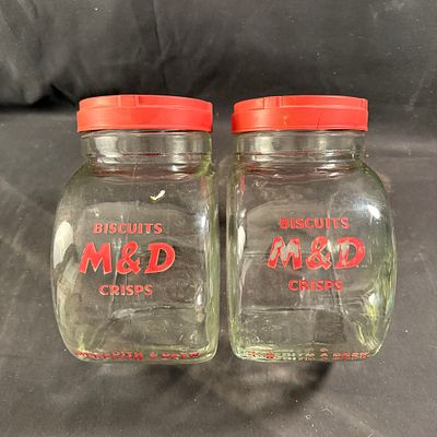 Meredith & Drew Countertop Biscuit Display Jars. Matched pair of vintage drum-style shop display 