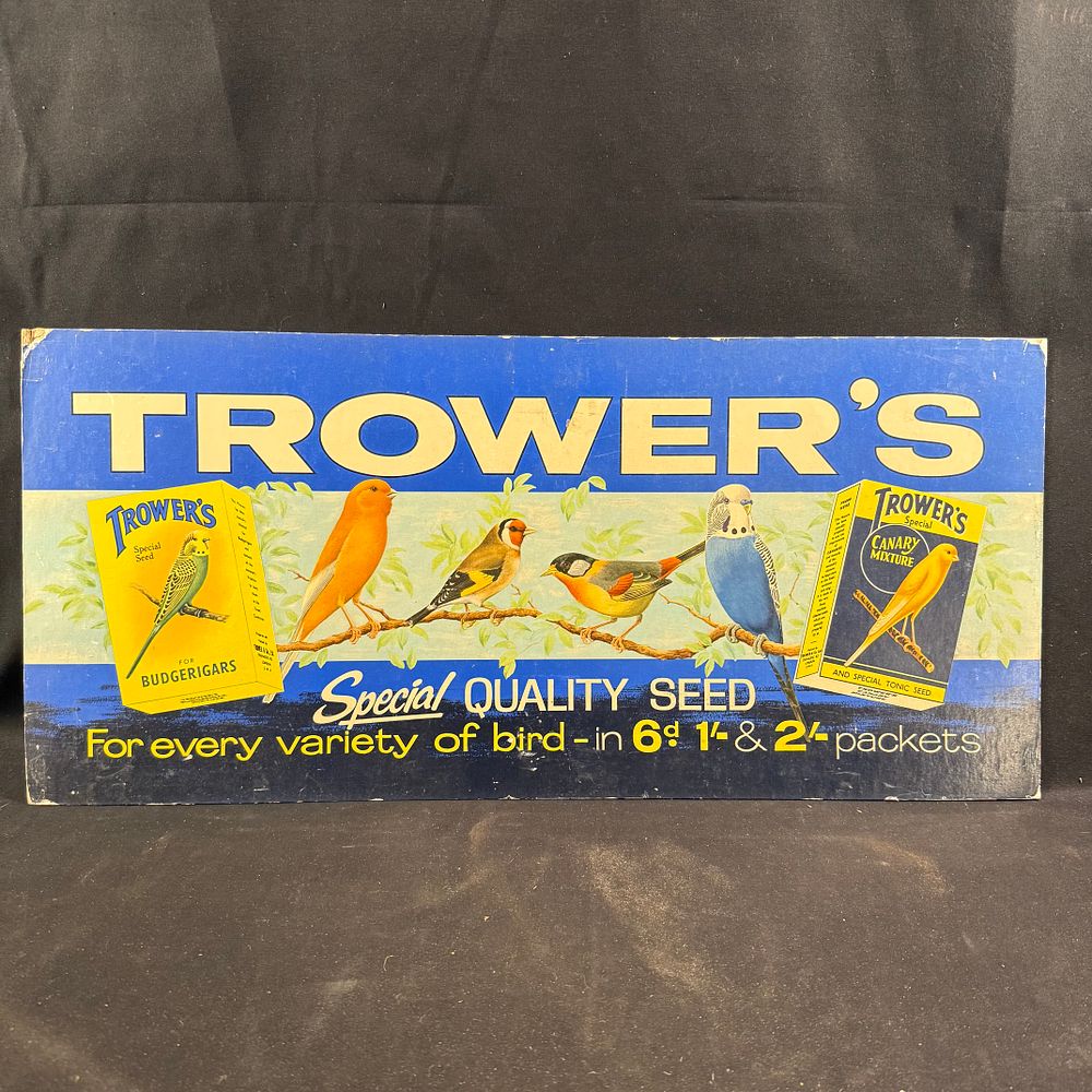 Lot 193: Trower's Bird Seed Lithographed Cardboard Advertising Sign