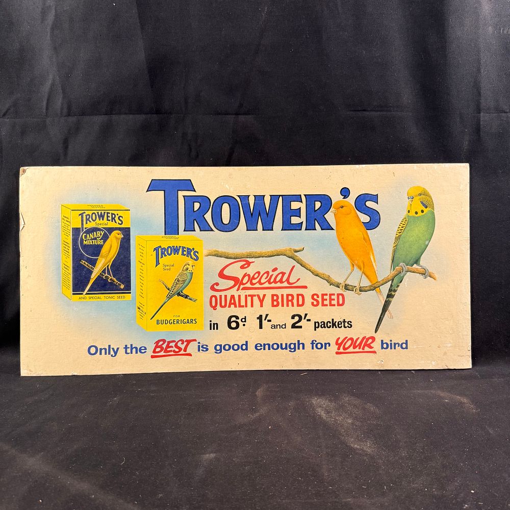 Lot 194: Trower’s Bird Seed Cardboard Advertising Shop Display Sign