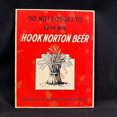 Hook Norton Beer Tin and Cardboard Countertop Advertising Sign. Mid-20th century countertop sign 
