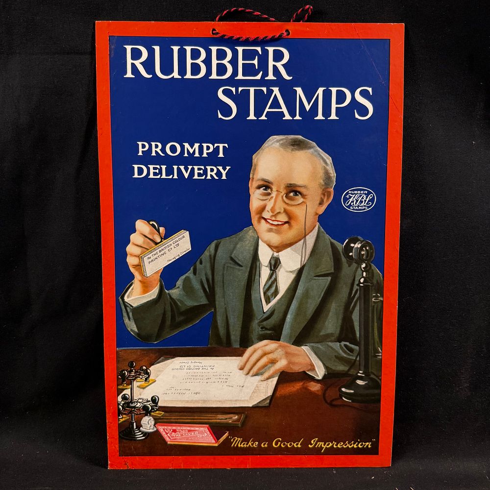 Lot 189: HBL Rubber Stamps Lithographed Cardstock Hanging Advertising Sign
