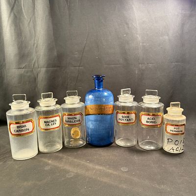 Apothecary and Chemist Storage Jars. Collection of seven antique pharmacy storage jars and one 