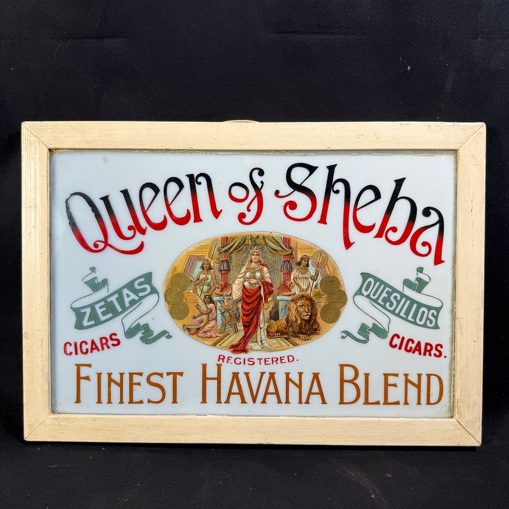 Lot 162: Queen of Sheba Cigars Framed Reverse-Painted Glass Advertising Sign