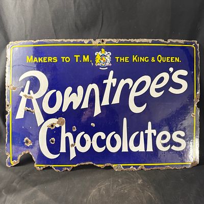 Rowntree's Chocolates Enamel Advertising Sign. Blue ground with white script lettering and Royal 