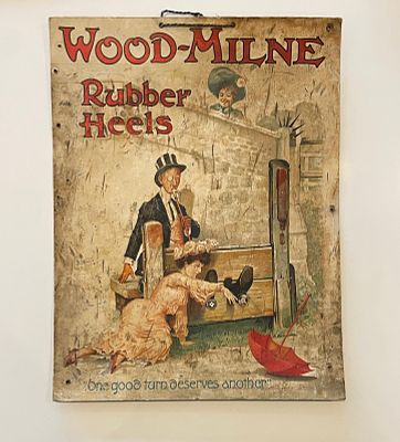 Wood-Milne Advertising Showcard. Humorous Edwardian scene of a dandy in stocks. Bold red 