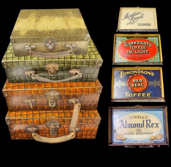 Lot 177: Collection of Faux Animal Skin Suitcase-Style Toffee Tins