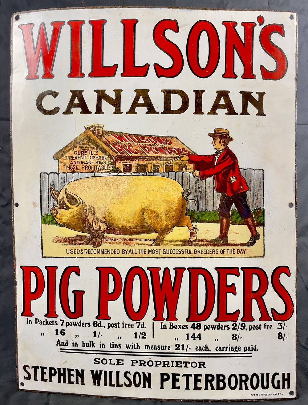 Lot 184: Willson’s Canadian Pig Powders Enamel Sign