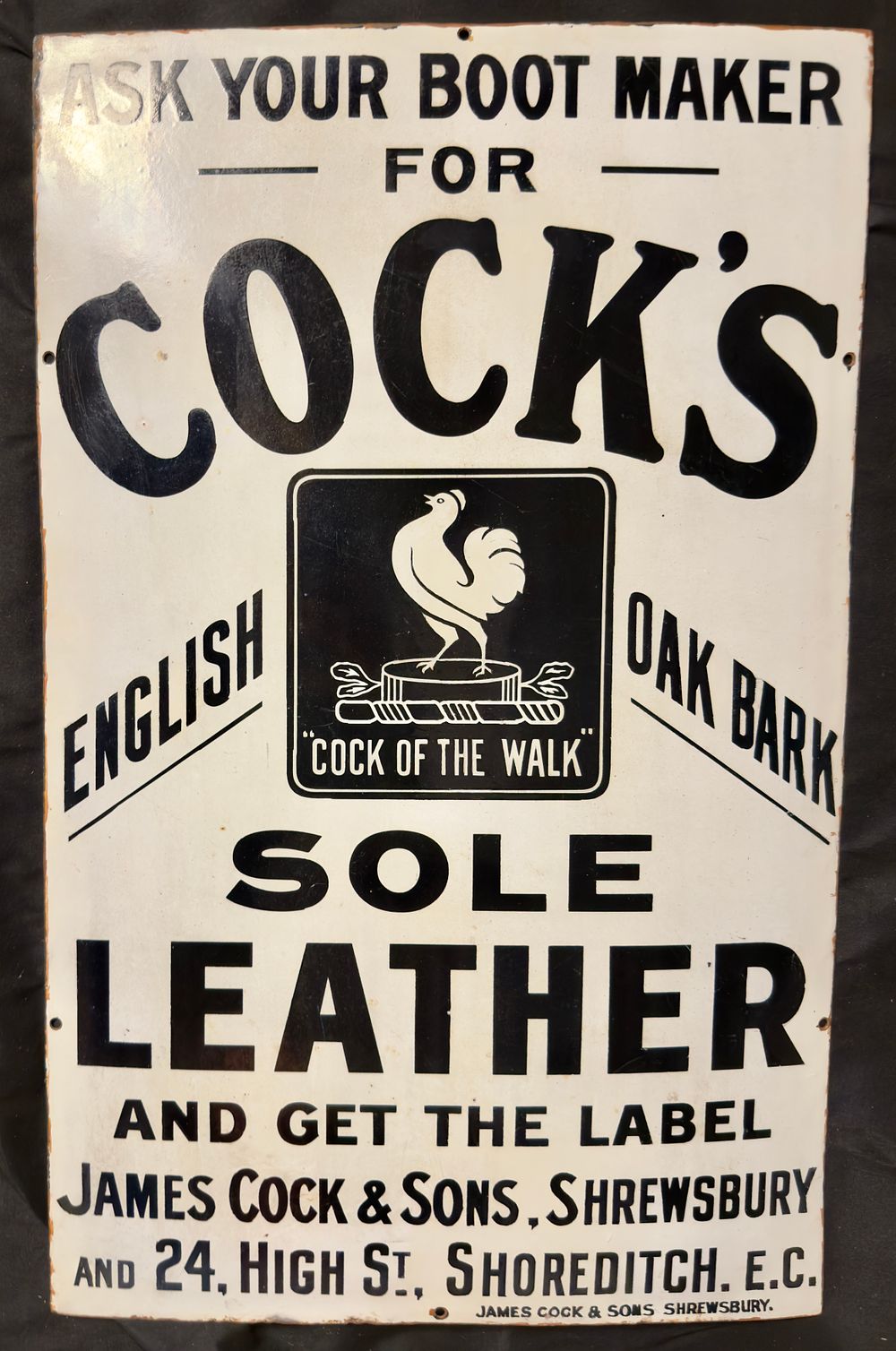 Lot 226: Cock's Sole Leather Enamel Sign