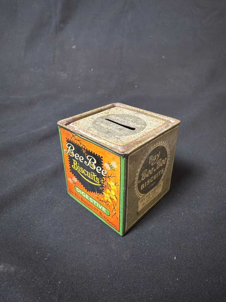 Lot 238: Vintage Bee Bee Biscuits Money Box / Biscuit Tin, c.1920s-1930s