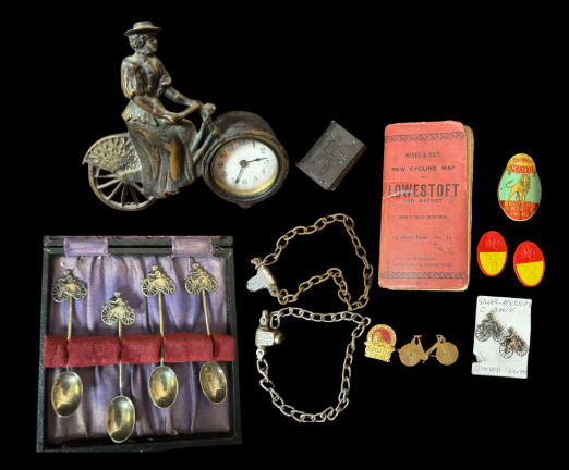 Lot 237: Cycling Collectibles Lot – Figurine, Clock, Silver Spoons,...