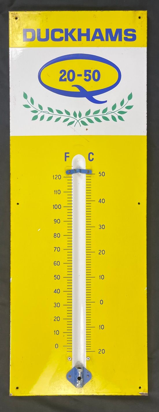Lot 240: A Duckhams 20-50 Motor Oil Enamel Thermometer Sign...