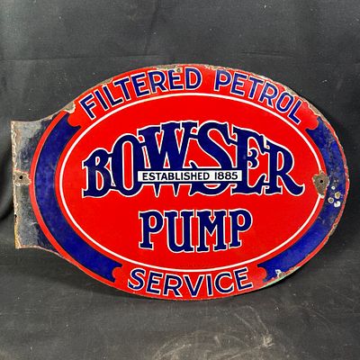 Bowser Filtered Petrol Service Double-Sided Enamel Flange Sign. Double-sided porcelain enamel 