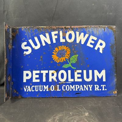 Sunflower Petroleum Double Sided Enamel Flange Sign. Double-sided porcelain enamel flange sign 