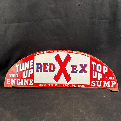 Redex Enamel Cabinet Topper. Semi-circular Redex porcelain enamel sign. Red, white, and blue 
