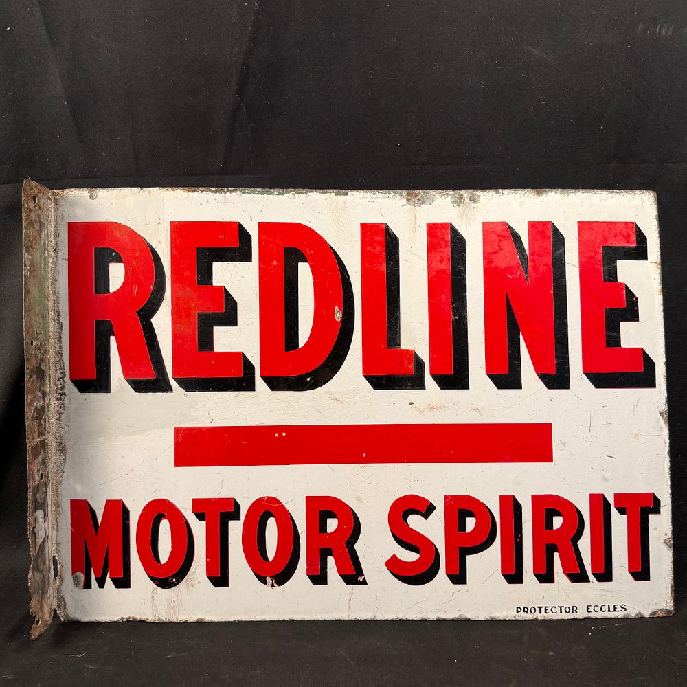 Lot 212: Redline Motor Spirit Double-Sided Enamel Flange Sign