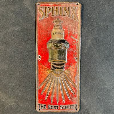 Sphinx Spark Plugs Embossed Metal Advertising Sign. Rectangular embossed metal sign for Sphinx 